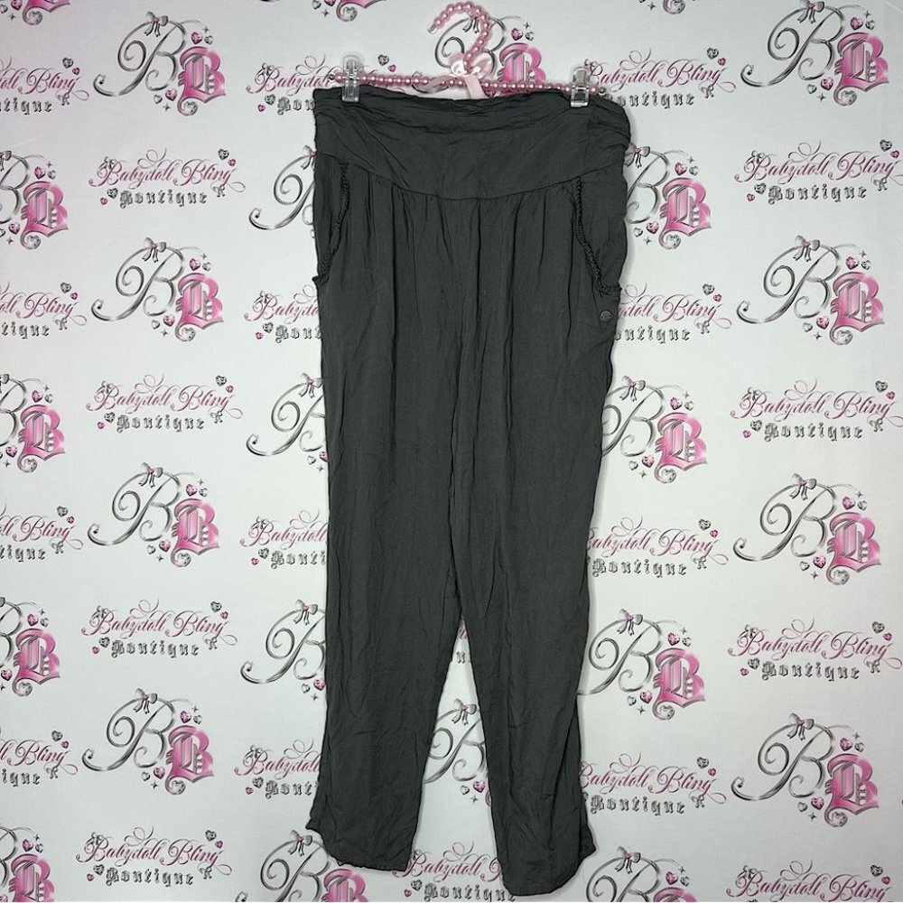Roxy pants linen light weight braided pockets metal emblem comfy soft hippie